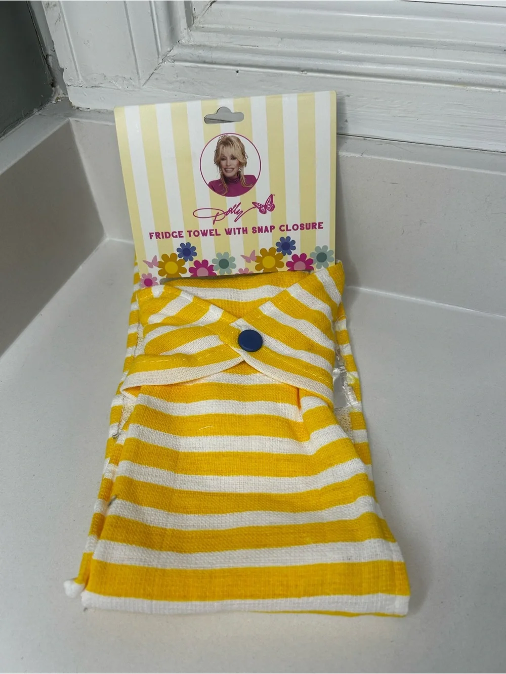 NEW Dolly Parton Yellow & White Striped butterfly fridge towel Snap 100% cotton